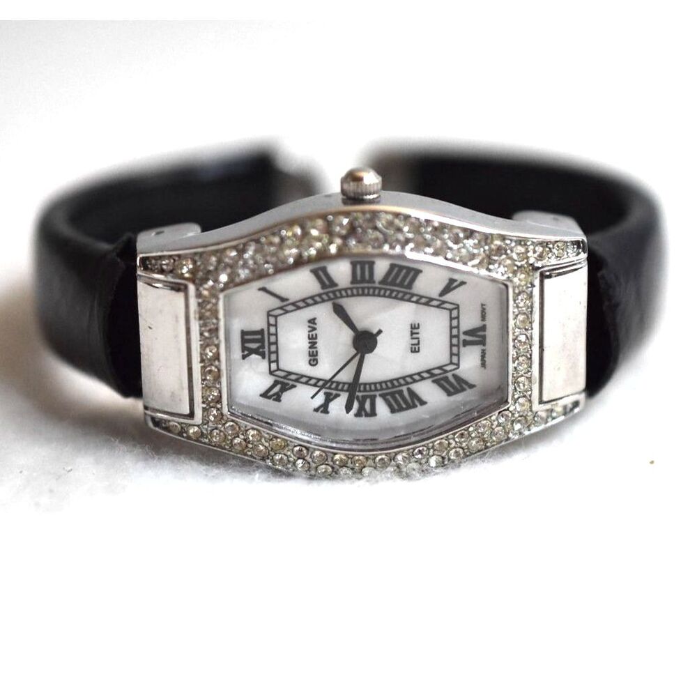 Mother Of Pearl Face Rhinestones Accent Geneva Elite Black 5" Cuff Watch